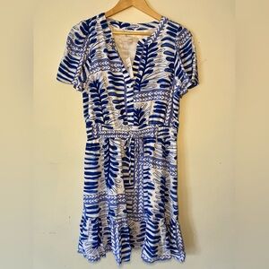 LOFT Blue and White Leaf Print Midi Dress